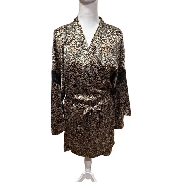 Victoria Secret Leopard Print Set Slip Dress & Wrap Around Lace Satin Robe M/L - Picture 2 of 8